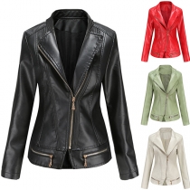 Fashion Stand Collar Notch Lapel Long Sleeve Slant Zipper Artificial Leather PU Jacket