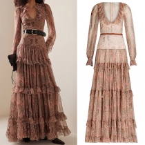 Vintage Bohemia Style Floral Printed V-neck Long Sleeve Ruffled Tiered Maxi Dress