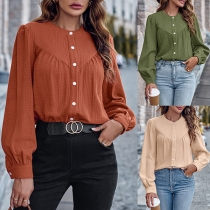 Casual Solid Color Round Neck Long Sleeve Buttoned Shirt