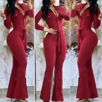 Fashion Solid Color Buttoned V-neck Long Sleeve Self-tie Wide-leg Jumpsuit
