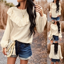 Fashion Hollow Out Ruffle Round Neck Long Sleeve Shirt