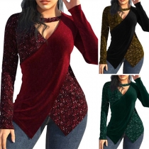Fashion Bling-bling Cross V-neck Irregular Hemline Sequin Spliced Shirt