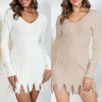 Street Fashion Solid Color V-neck Long Sleeve Frayed Hemline Knitted Mini Dress