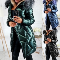 Street Fashion Quilted Artificial Fur Spliced Hooded Longline Jacket