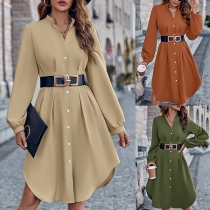 Fashion Solid Color Stand Collar Long Sleeve Front Buttoned Cinch Waist Shirt Dress without Belt