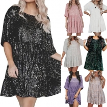 Fashion Bling-bling Sequin Round Neck Elbow Sleeve Mini Dress