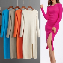 Fashion Round Neck Long Sleeve Slit Ribbed Bodycon Dress