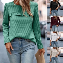 Casual Round Neck Ruffled Long Sleeve Back Buttoned Shirt