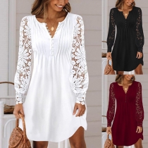 Casual Lace Spliced Long Sleeve V-neck Mini Dress