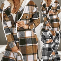 Vintage Plaid Drawstring Hooded Long Sleeve Duffle Jacket