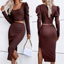 Street Fashion Two-piece Set Consist of Puff Sleeve Crop Top and Slit Skirt