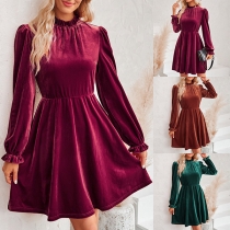 Elegant Solid Color Mock Neck Long Sleeve Velvet Dress