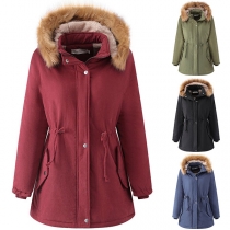 Fashion Solid Color Artificial Fur Spliced Hooded Drawstring Plush Lined Jacket for Women