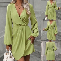 Fashion Solid Color V-neck Long Sleeve Slit Dress