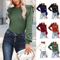 Casual Solid Color Round Neck Ruffled Long Sleeve Ribbed Shirt