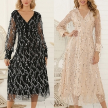 Elegant Sequined Spliced V-neck Long Sleeve Midi Dress