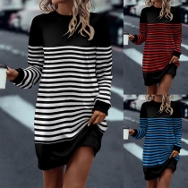 Casual Contrast Color Stripe Printed Round Neck Long Sleeve Sweatshirt Dress