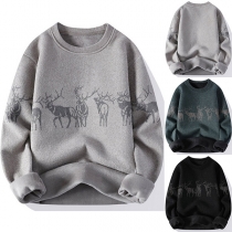 Casual Elk Printed Round Neck Long Sleeve Plush Lined Shirt for Men