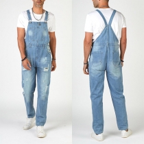 Street Fashion Old-washed Distressed Denim Suspender Jeans/Jumpsuit for Men