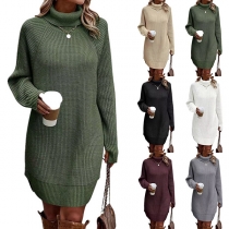 Casual Solid Color Turtleneck Long Sleeve Knitted Sweater Dress