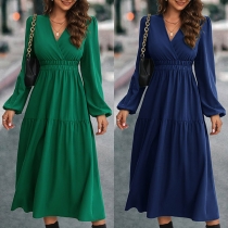 Fashion Solid Color V-neck Long Sleeve Cinch Waist Midi Dress