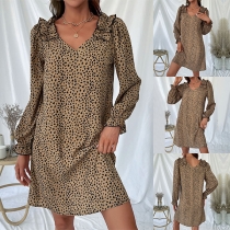 Casual Leopard Printed Ruffled Long Sleeve Mini Dress