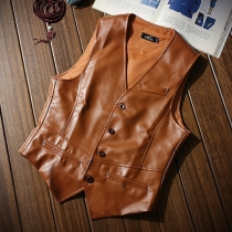 Street Fashion Solid Color Chain Sleeveless Artificial Leather PU Sleeveless Vest for Men