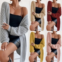 Casual Solid Color Cable Knit Lantern Sleeve Cardigan