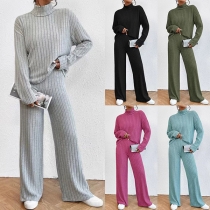 Street Fashion Ribbed Two-piece Set Consist of Mock Neck Shirt and Straight Cut Pants