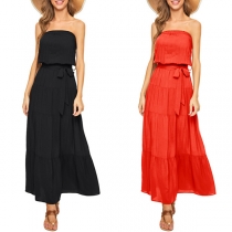 Sexy Solid Color Strapless Self-tie Tiered Dress