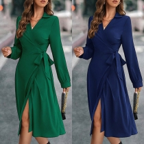 Elegant Solid Color Stand Collar V-neck Slit Wrap Dress