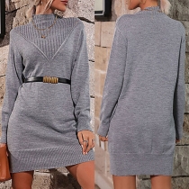Fashion Solid Color Mock Neck Long Sleeve Knitted Sweater Dress