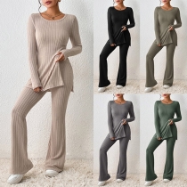 Comfy Solid Color Ribbed Two-piece Set Consist of Slit Shirt and Pants
