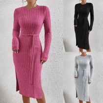 Fashion Solid Color Round Neck Long Sleeve Self-tie Slit Ribbed Dress