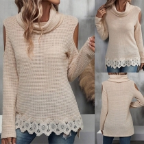 Street Fashion Draped Neck Open Shoulder Long SLeeve Lace Spliced Shirt