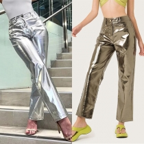 Fashion Shiny Artificial Leather PU High-rise Straight-cut Pants for Women