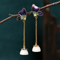 Vintage Enamel Butterfly Lotus Pod Pendant Chain Drop Earrings