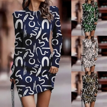 Fashion Printed Round Neck Long Sleeve Bodycon Dress