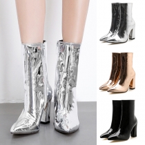 Street Fashion Pointed Toe Block Heeled Shiny Artificial Leather PU Knight Boots