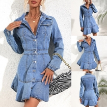 Vintage Old-washed Stand Collar Long Sleeve Ruffled Hemline Front Buttoned Denim Dress
