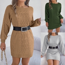 Fashion Solid Color Round Neck Long Sleeve Cable Knitting Sweater Dress