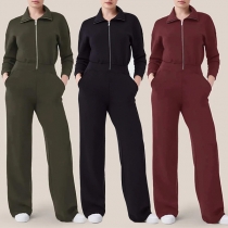 Fashion Solid Color Half-zipper Stand Collar Long Sleeve Jumpsuit