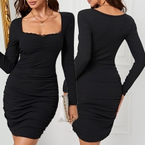 Fashion Lace Spliced Square Neck Long Sleeve Bodycon Dress