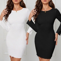 Fashion Solid Color Round Neck Long Sleeve Bodycon Dress