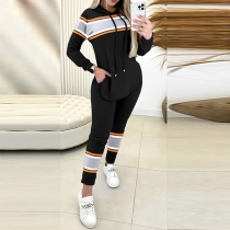 Street Fashion Contrast Color Two-piece Set Consist of Drawstring Hooded Sweatshirt and Sweatpants
