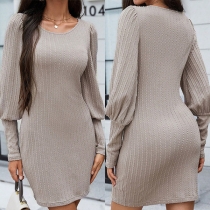 Elegant Solid Color Round Neck Puff Sleeve Knitted Dress