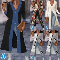 Casual Contrast Color Front Buttoned Stand Collar Long Sleeve Knitted Longline Cardigan