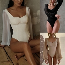 Sexy Semi-through Gauze Spliced Square Neck Slim-fit Bodysuit