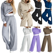 Casual Sporty Two-piece Set Consist of Drawstring Hooded Sweatshirt and Drawstring Wide-leg Sweatpants