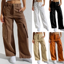 Fashion Mid-rise Side Patch Pockets Straight-cut Corduroy Pants